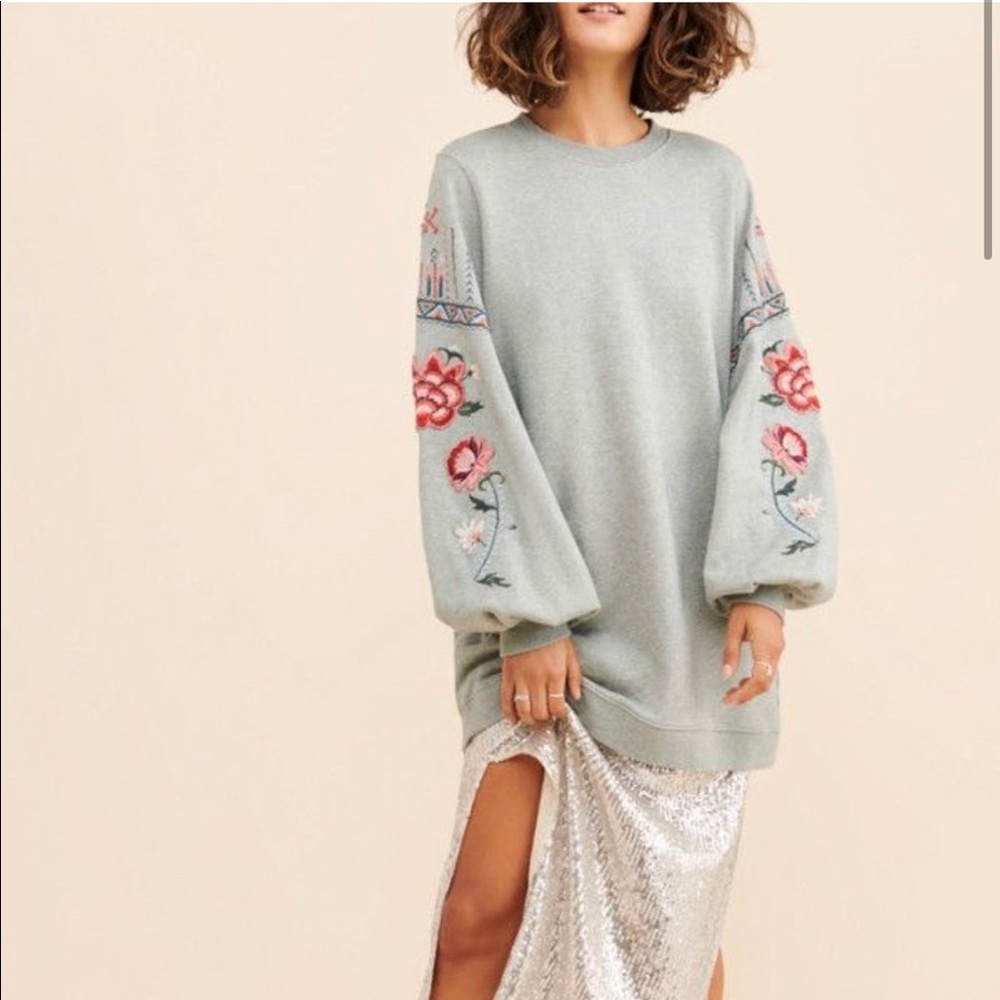 Sz L Driftwood Embroidered Sleeved Sweatshirt Dress
